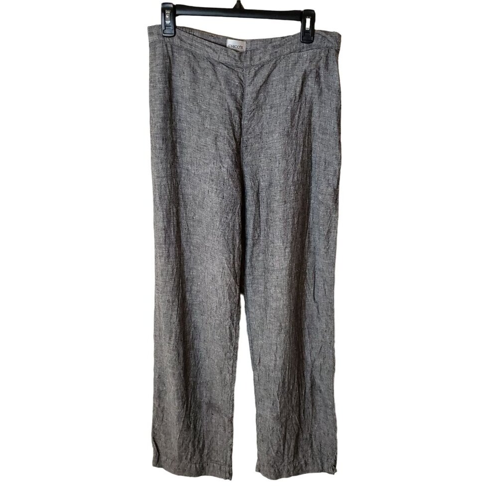 Chico's Size L (Chico Size 2) 100% Textured Linen Straight Leg Pant Side Zip Bea